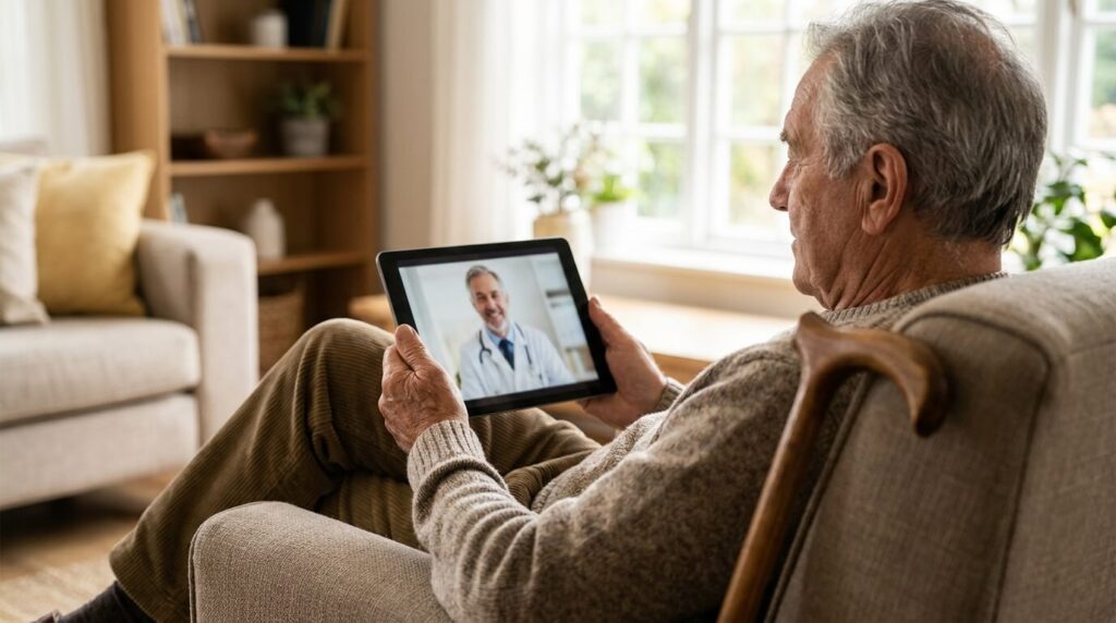 Does Medicare Cover Home Health Care & Aides in Illinois? 3 Senior man on a video call with his doctor on a tablet in his living room.