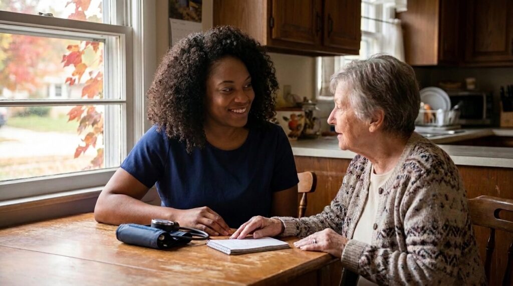 Home health nurse talking with a senior woman at her kitchen table about Medicare home health care