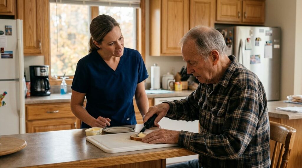 Occupational therapist helping an older man prepare a simple meal in his kitchen with adaptive tools