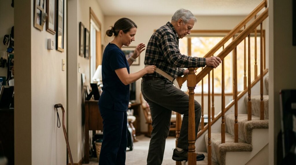 Home health physical therapist helping a senior practice climbing stairs with a handrail