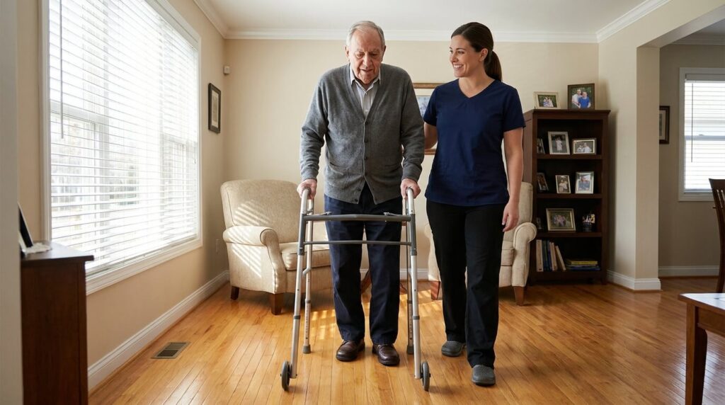 Does Medicare Cover Home Health Care & Aides in Illinois? 1 Physical therapist guiding an older man as he walks with a walker in his living room