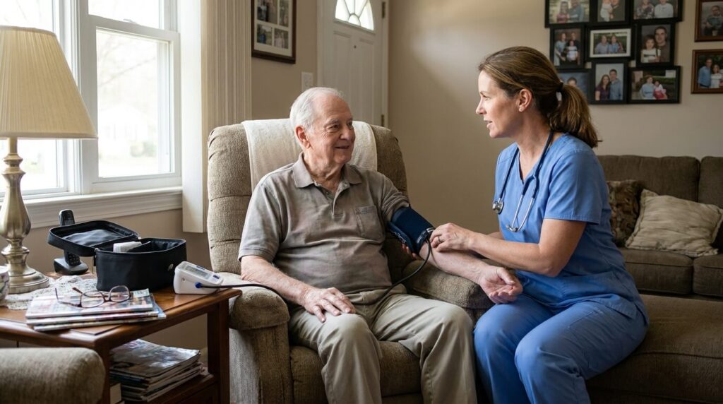 skilled home health nurse providing clinical care to an older adult at home